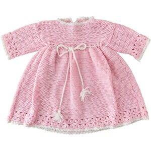 Vintage Handmade Crochet Dress‎ 12-18M Pink White Trim Coquette Bow Pearl Button